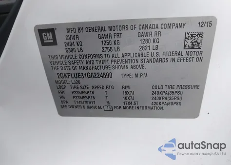 2016 GMC Terrain Slt z USA, uszkodzony, nr VIN 2GKFLUE31G6224590